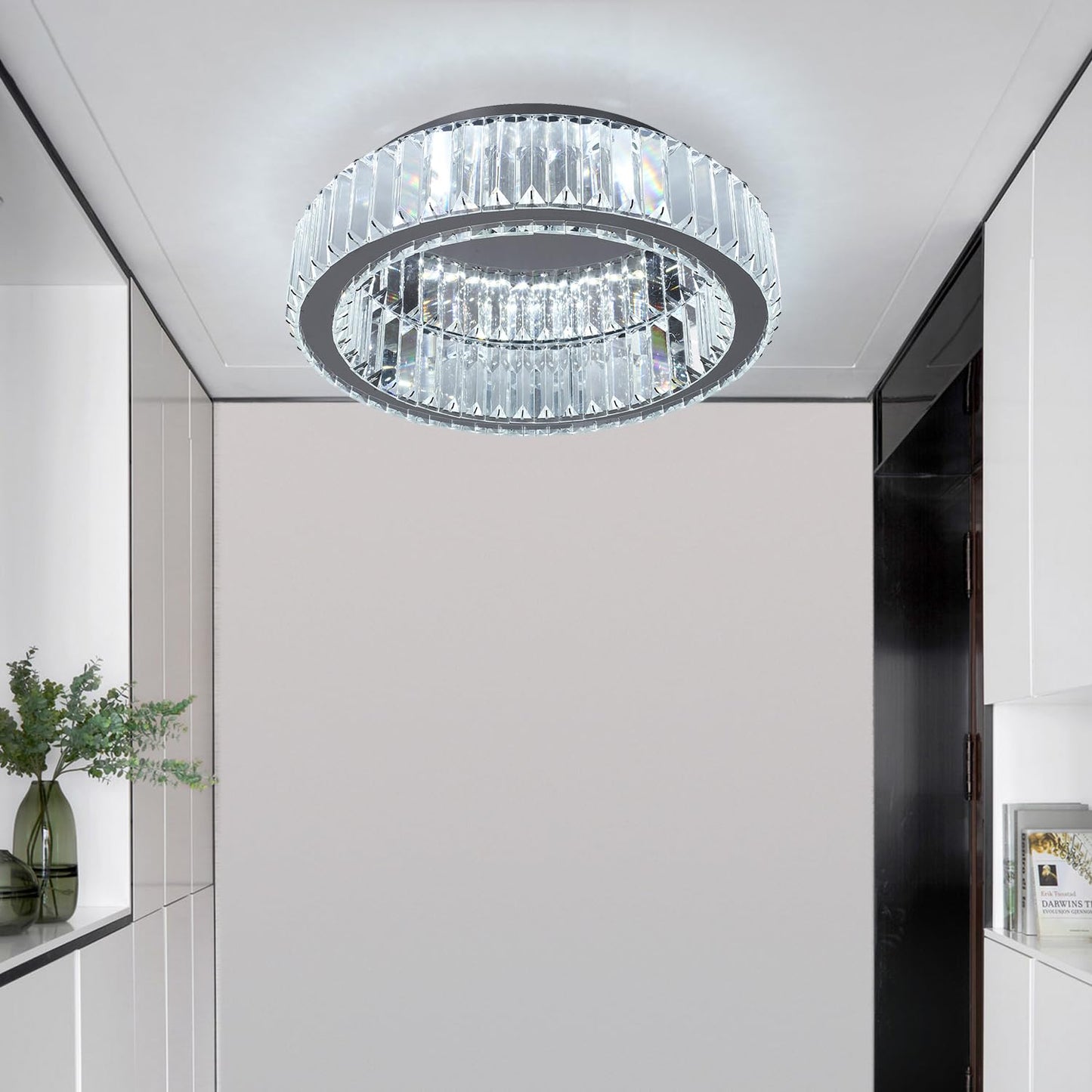 Vinilky Modern Crystal Chandelier, LED Crystal Ceiling Light with Remote Control Dimmable Socket Ceiling Lamp for Living Room, Bedroom, Kitchen, Entryway, Hallway