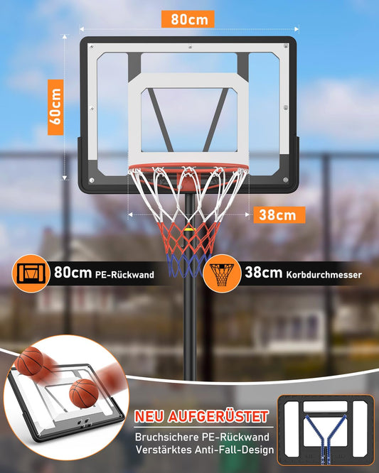 Outdoor basketball hoop for kids with adjustable height of 150-210 cm. Features a 80x60 cm shatterproof backboard, enlarged base, and wheels for easy moving. Ideal for children and teens.