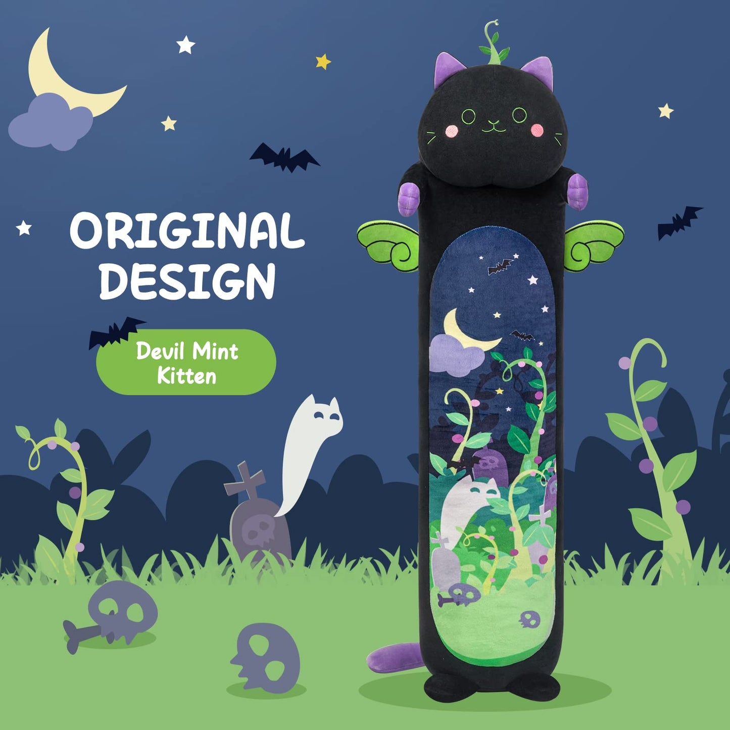 Mewaii 50CM mint cat plush toy, cute cat plush pillow, black fabric long cat stuffed animal toy cuddle pillow gift