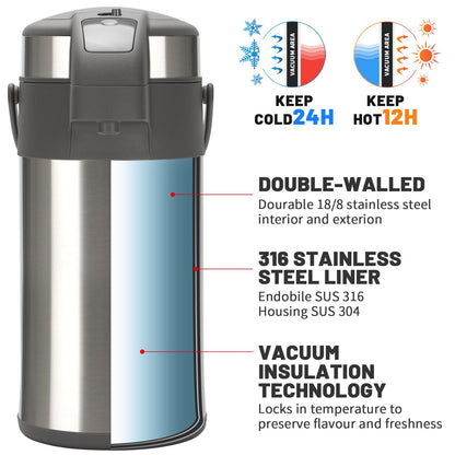Olerd 4.0 Liter Pump Thermo Coffee Dispenser, Stainless Steel Double Wall Pump Vacuum Insulated Flask with Pump Mechanism, Coffee Carafe, Pitcher for 24 Cups (Silver)