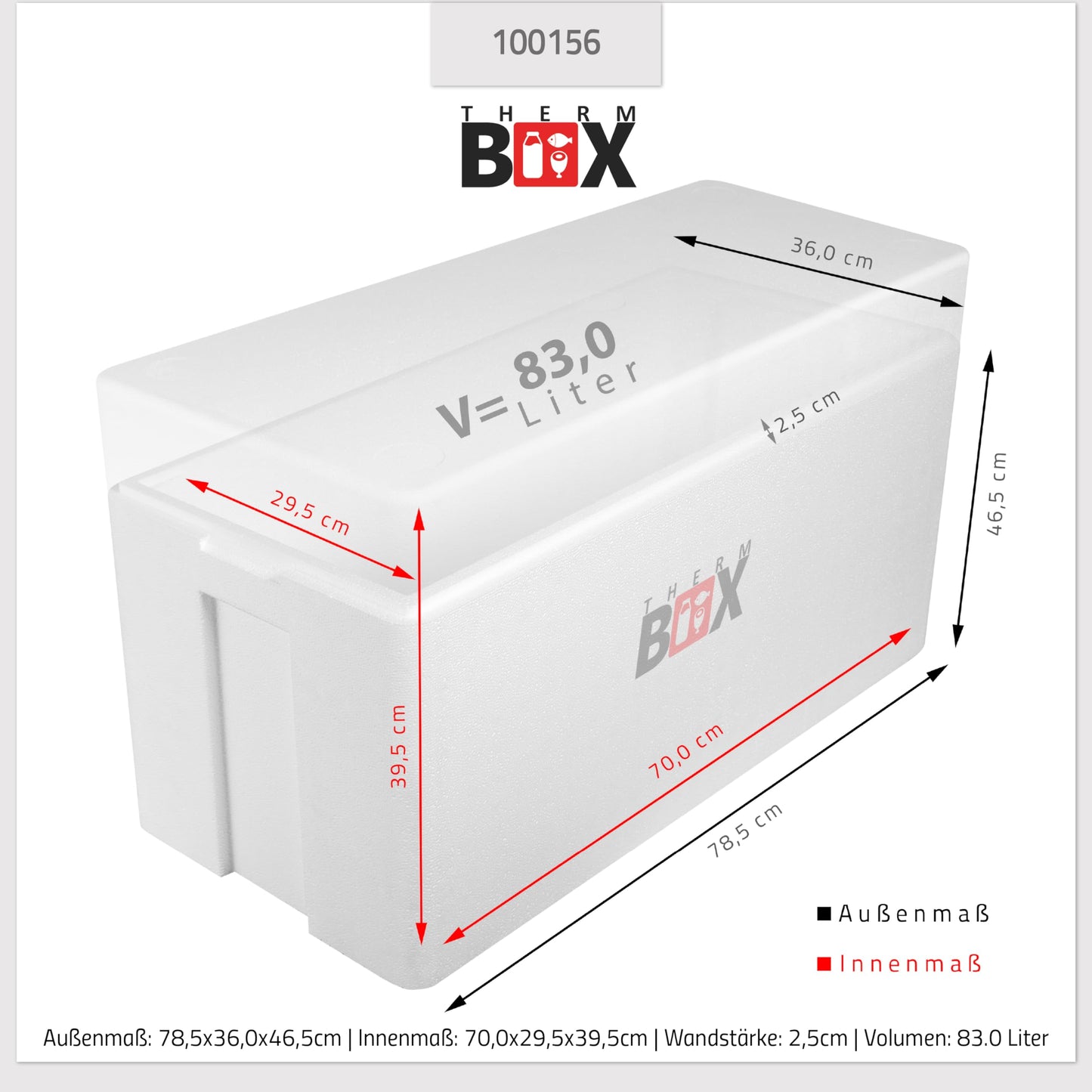 THERM-BOX Styrofoam Box 83W Inside: 70x29x39cm Wall: 2.5cm Volume: 83L Insulated Cooler Reusable Warm/Cold Box