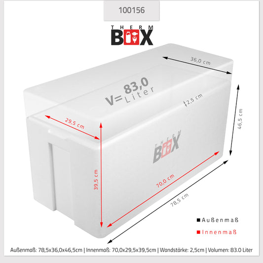 THERM-BOX Styrofoam Box 83W Inside: 70x29x39cm Wall: 2.5cm Volume: 83L Insulated Cooler Reusable Warm/Cold Box