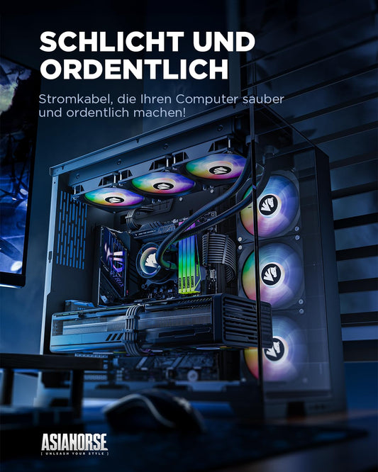 AsiaHorse PSU Cable Extension, PC Sleeved Cable Kit for GPU/CPU, 16AWG Power Supply Cable Extensions with Cable Combs, 24PIN/(6+2)PIN/(4+4)PIN Cable Management, 30CM, Black.