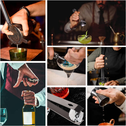 ZBPASL 16pcs Cocktail Shaker Set, Cocktail Set with Cocktail Shaker, Jigger, Ice Tongs, Set for Mixing Cocktails with Muddler, Bottle Opener, Shaker Cocktail Set, Bar Tool Set (Black 02)