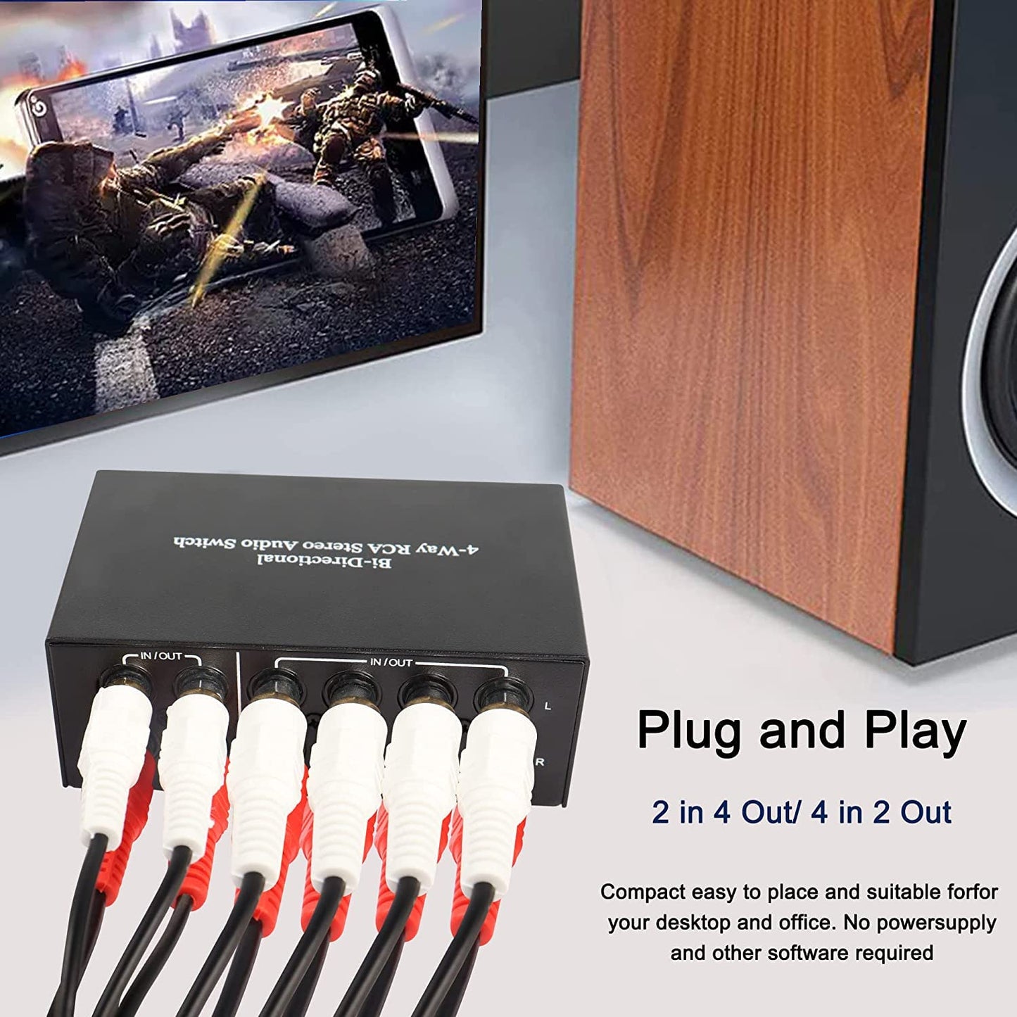 XMSJSIY 4-way bidirectional RCA stereo switcher, audio selection box for DVD, speakers, CD player, compatible with devices with L/R audio channels.