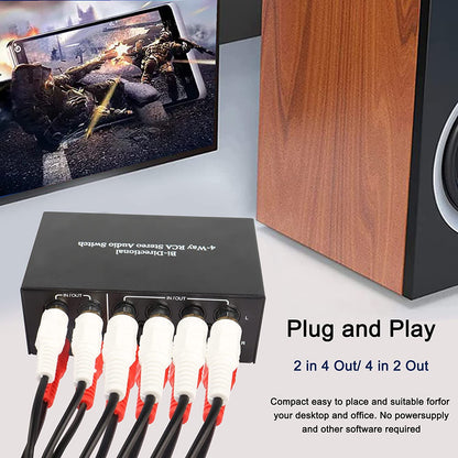 XMSJSIY 4-way bidirectional RCA stereo switcher, audio selection box for DVD, speakers, CD player, compatible with devices with L/R audio channels.