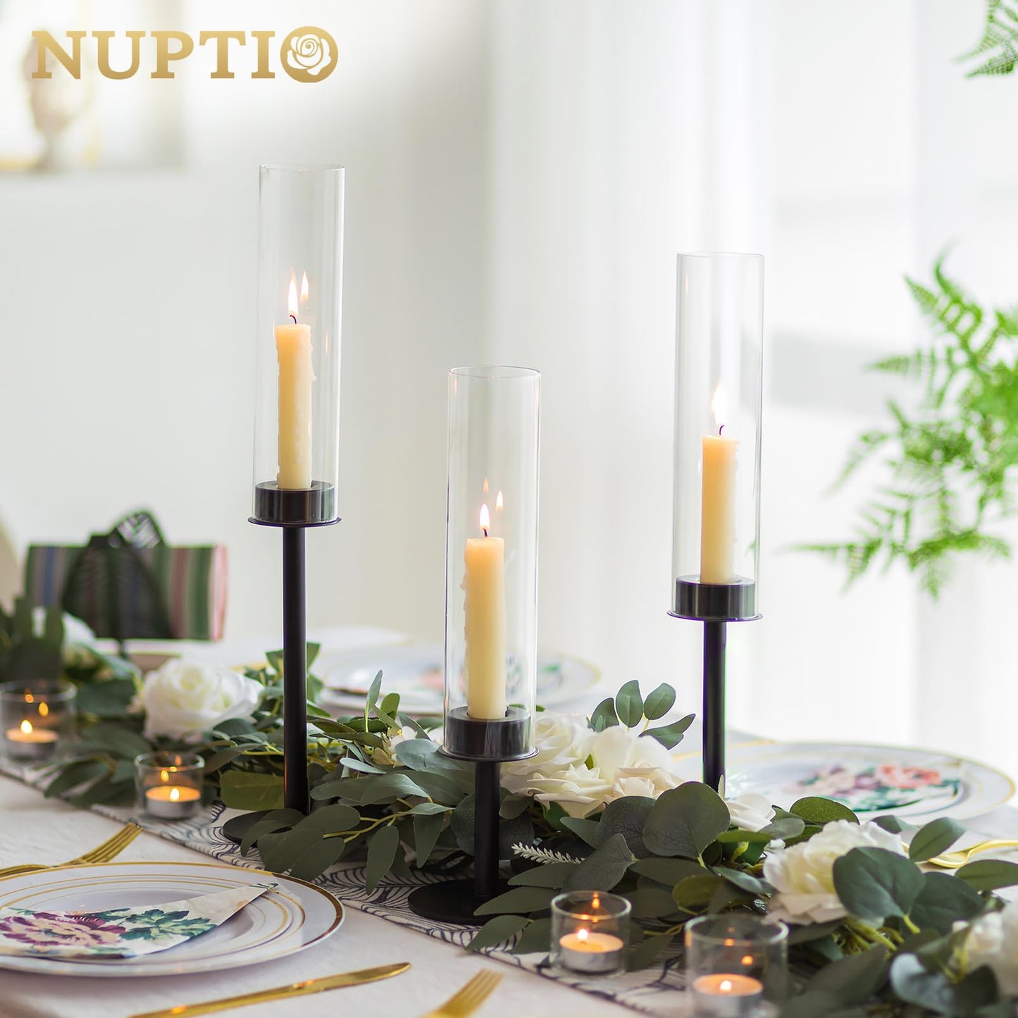 Nuptio Glass Cylinder Candle Holder Metal Black - 18 pieces Cone Candle Stand Taper Candle Pack for Candles, Clear Glass Hurricane Shade Top Candle Modern Wedding Christmas Table Dinner