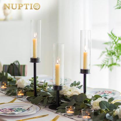 Nuptio Glass Cylinder Candle Holder Metal Black - 18 pieces Cone Candle Stand Taper Candle Pack for Candles, Clear Glass Hurricane Shade Top Candle Modern Wedding Christmas Table Dinner
