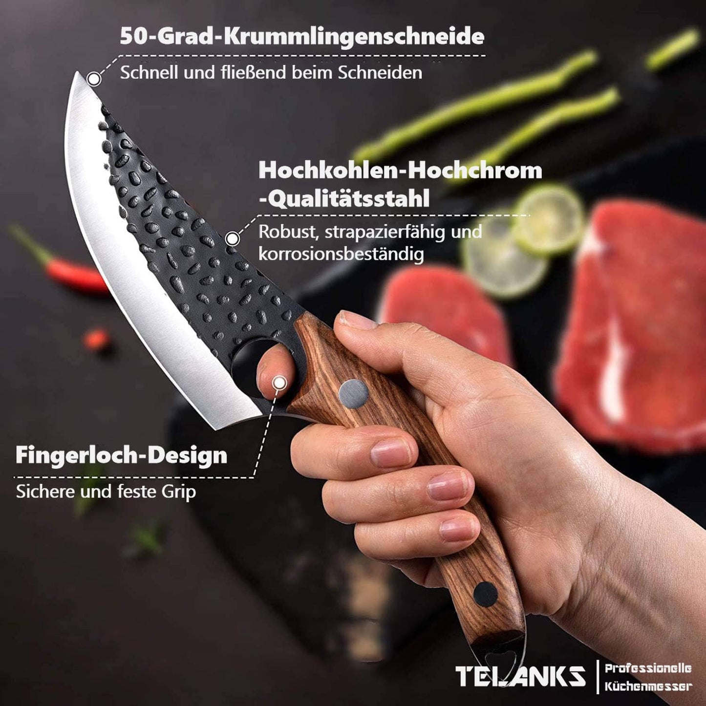 TELANX 6-inch Japanese Kitchen Knife Forged - Professional kitchen knife with leather cover, finger hole & wooden handle, sharp chef's knife for meat, vegetables & grill.