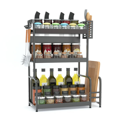 FEXPLENDID kitchen shelf countertop, 63x49x22.5cm, spice racks for kitchen countertop, steel, spice organizer, freestanding spice rack, table shelf for kitchen, office, laundry room (3-tier black)