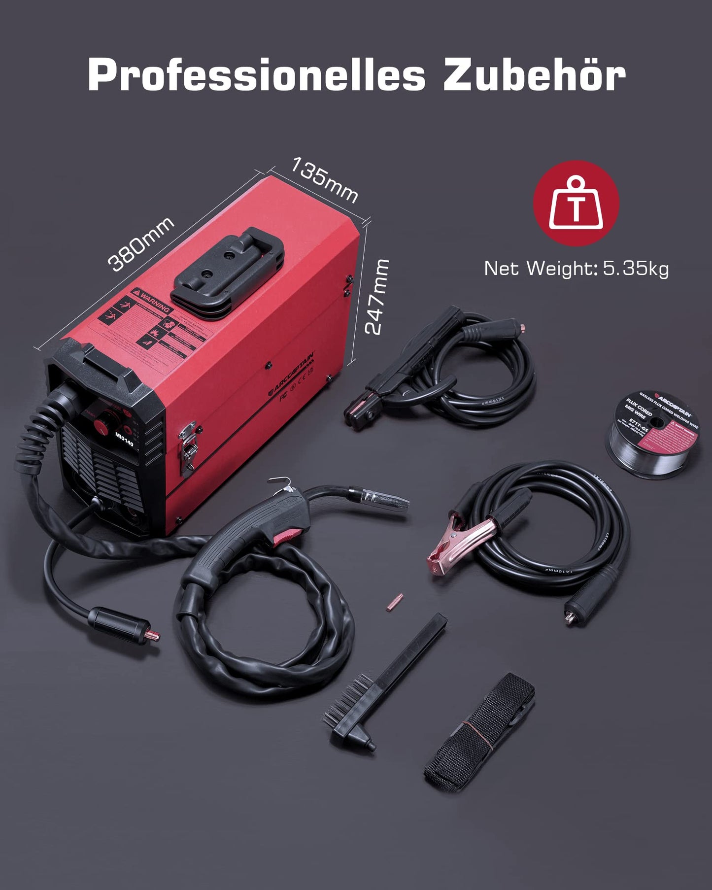 ARCCAPTAIN MIG MAG Shielding Gas Welding Machine IGBT 140A AC230V, 5 in 1 Combo Welding Machine with Flux Core Wire (FCAW)/MMA Stick/Lift TIG with Synergic Wire Feed, comes with 1kg of 0.8mm Flux Core Wire.