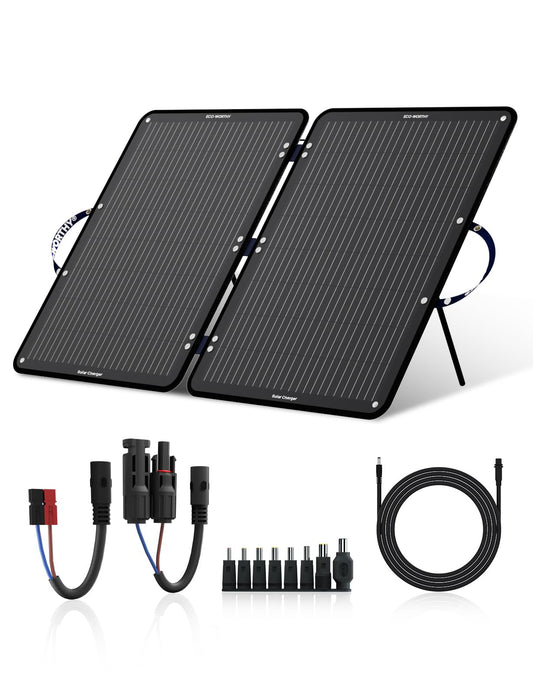 ECO-WORTHY 100W solar panel foldable with 10 connectors & 3 meters cable for power station, monocrystalline with 23% high efficiency and IP65 waterproof for camping, RV, outdoor emergency power supply.