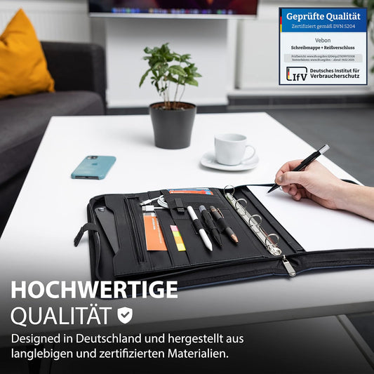 Vebon® A4 Ringbinder Portfolio "Berlin" with zipper and clipboard. Conference folder + laptop case with extra storage. Pink faux leather.