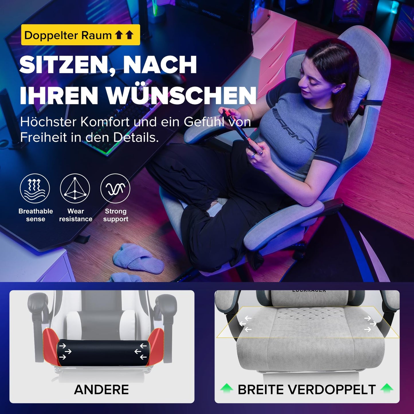 GTPLAYER Gaming Chair Ergonomic Gaming Armchair Desk Chair with Fabric Surface, Spring Seat Cushion, Adjustable Armrests and Footrest Gray