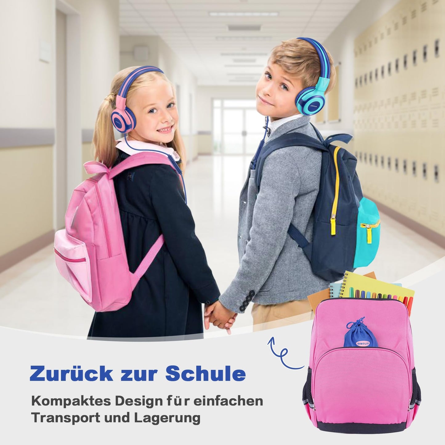 2 sets of headphones for children with portable cases, kid-safe headphones with limited volume, wired headphones for girls, boys, on-ear kids' headphones for school, travel mint + pink