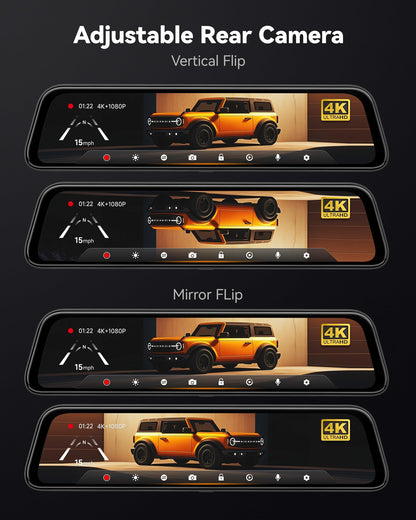 WOLFBOX 12" G840S 4K Mirror Dashcam with Rear Camera, 5.8GHz WiFi Car Camera with IPS Touchscreen Dual Dash Cam Mirror, Loop Recording and G-Sensor, Parking Monitor, GPS, Free 32GB Card.