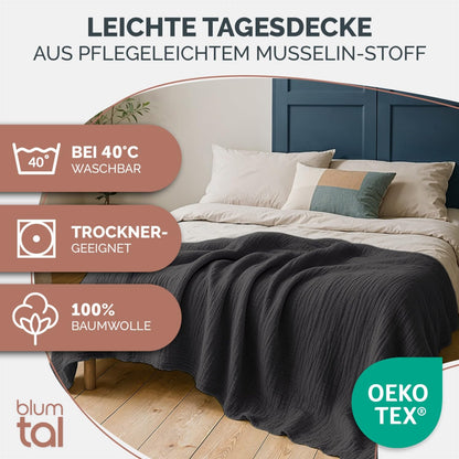 Blumtal daybed 200x230 cm Cotton - Muslin Blanket Oeko-TEX cert. - Bedspread 200x230 - Couch Throw - Light cotton cuddly blanket 100% - Living room sofa blanket - Bedspread Anthracite