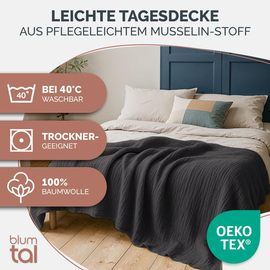 Blumtal daybed 200x230 cm Cotton - Muslin Blanket Oeko-TEX cert. - Bedspread 200x230 - Couch Throw - Light cotton cuddly blanket 100% - Living room sofa blanket - Bedspread Anthracite