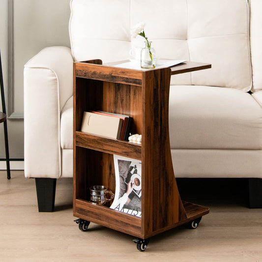 COSTWAY side table with wheels, mobile sofa table with 2 rear storage shelves, C-shape, coffee table for living room, bedroom, 42.5 x 38 x 67 cm, vintage brown.