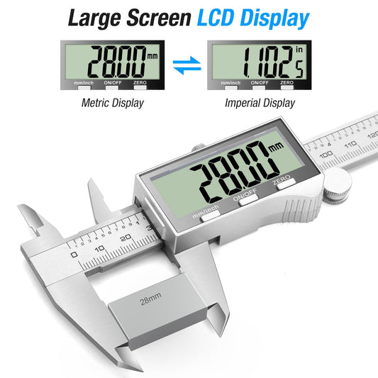 Digital caliper with large LCD screen, digital caliper with splash and dust protection, caliper with spare battery and storage box (silver)