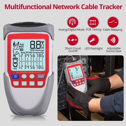 XUNTOP Wire Tracker Cable Finder LCD Network Cable Tester with POE Test Network Testing Tool Network Cable Tester with Storage Bag Support Network Cable CAT5, CAT5e, CAT 6, CAT 7 CAT 8