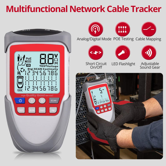 XUNTOP Wire Tracker Cable Finder LCD Network Cable Tester with POE Test Network Testing Tool Network Cable Tester with Storage Bag Support Network Cable CAT5, CAT5e, CAT 6, CAT 7 CAT 8