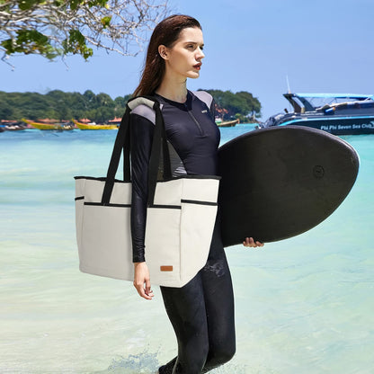 Lubardy Beach Bag XXL Family Large Beach Bag Women Beach Bag XXL Shopper Women Large with Zipper Waterproof 40L Multiple Pockets for Beach Travel Swimming Gym 40L Beige