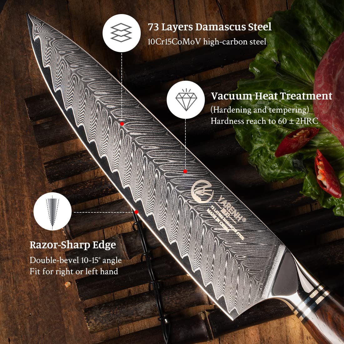 YARENH Damascus Knife Professional Chef's Knife 20.5 cm, 73 Layers Damascus Steel Kitchen Knife, Sharp Chef Knife, with Exquisite Sandalwood Handle, with Walnut Wood Sheath.