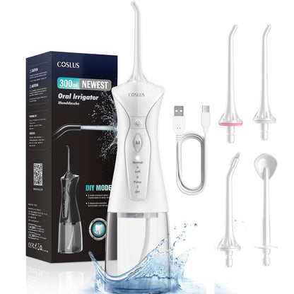 COSLUS Cordless Water Flosser Electric Tooth Cleaner: 4 Modes Portable Mouth Shower 300ml Water Tank Dental Flosser Winner Easy To Use Tongue Cleaner for Dental Care Travel White