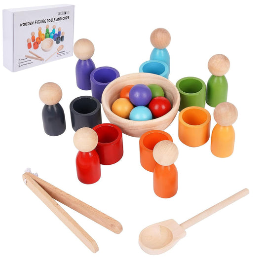 PKKP Montessori toy for ages 1+, wooden sorting stacking toy with 7 rainbow wooden balls in cups, preschool baby toy for color sorting and counting, gift for ages 2+