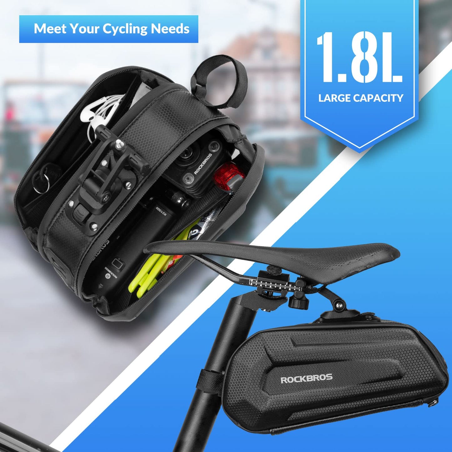 ROCKBROS Bicycle Saddle Bag Water Resistant 3D Hard Shell Bike Seat Bag with Quick Release for MTB Road Bike 1.8L