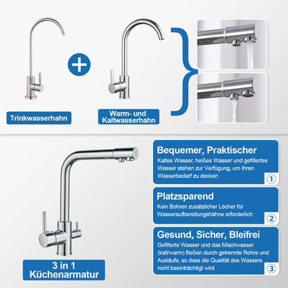 ROVOGO Kitchen Faucet 3 Way Water Filter Mixer Tap, Kitchen Tap for Hot, Cold and Drinking Water, 360° Rotatable Sink Faucet Stainless Steel with Double Lever and 3 Hoses, Chrome