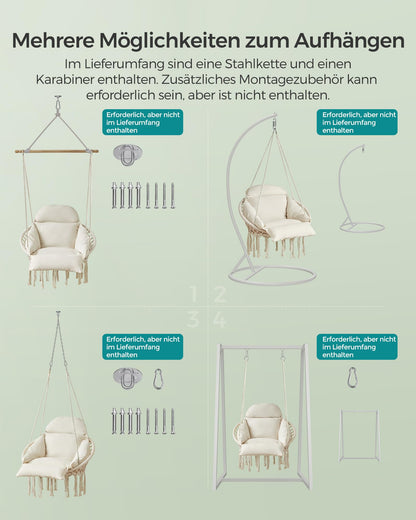 SONGMICS Hanging Chair, Swing Chair, Hammock Chair, Thick Cushion, Scandinavian Style, for Living Room, Patio, Garden, Balcony, Holds up to 120 kg, Accessories Included, Cream White GDC042M01