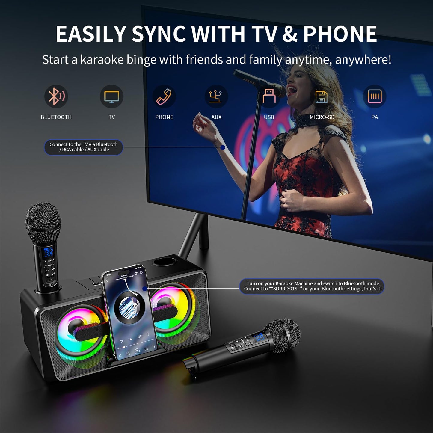 Karaoke Machine for adults and kids with 2 UHF wireless microphones, portable Bluetooth singing speaker, PA system with disco lights, cell phone holder for home, party, picnic (black)