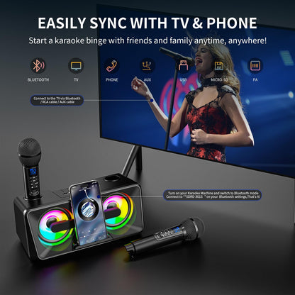 Karaoke Machine for adults and kids with 2 UHF wireless microphones, portable Bluetooth singing speaker, PA system with disco lights, cell phone holder for home, party, picnic (black)