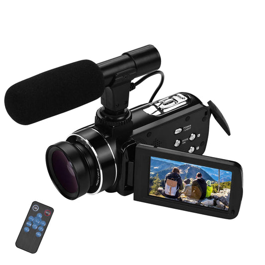 Andoer HD video camera, 4K video camera, Full HD, CMOS sensor, 18x digital zoom camera, 3.0 inch LCD, with 0.45x wide-angle lens and microphone.