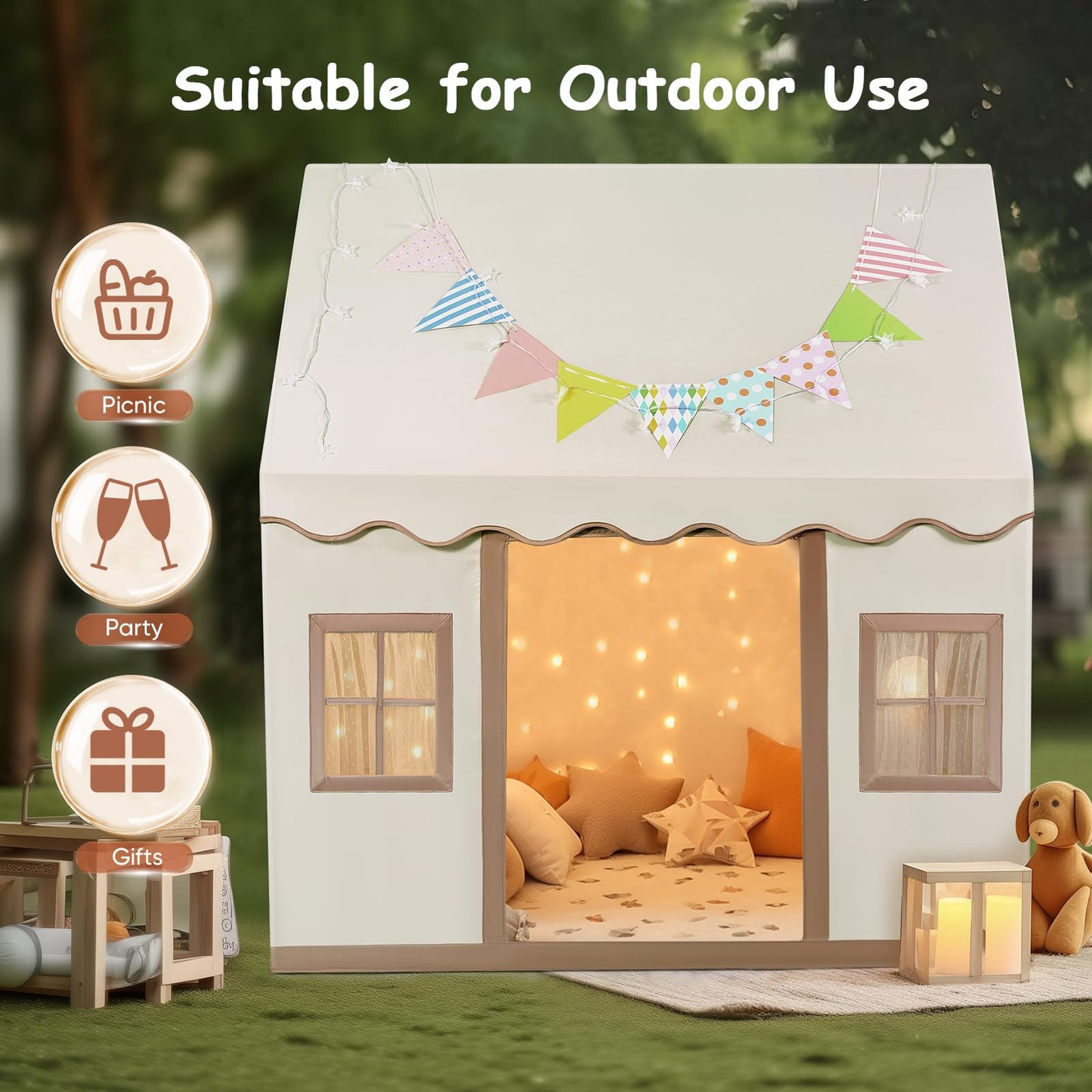 Rouwthio Kids Play Tent Play House Tent for kids for play and relaxation. Foldable kids indoor/outdoor tent with small windows, door curtains, and mat.