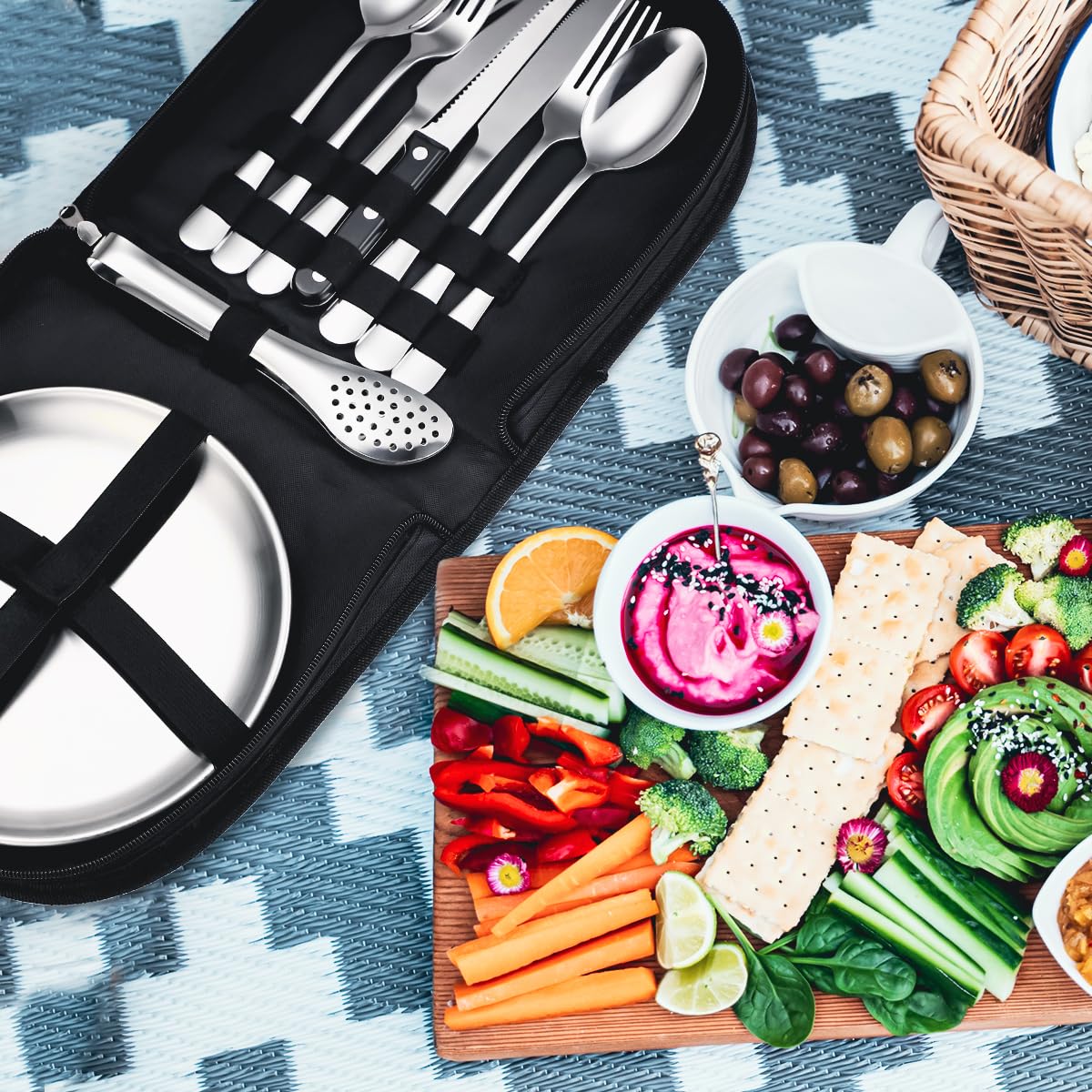 [23-piece 4 person] Camping Dinnerware Set - Cutlery set with stainless steel forks, knives, and spoons. Includes cutlery pouch - Portable utensils for outdoor, picnics, and BBQ. (Includes 4 teaspoons)