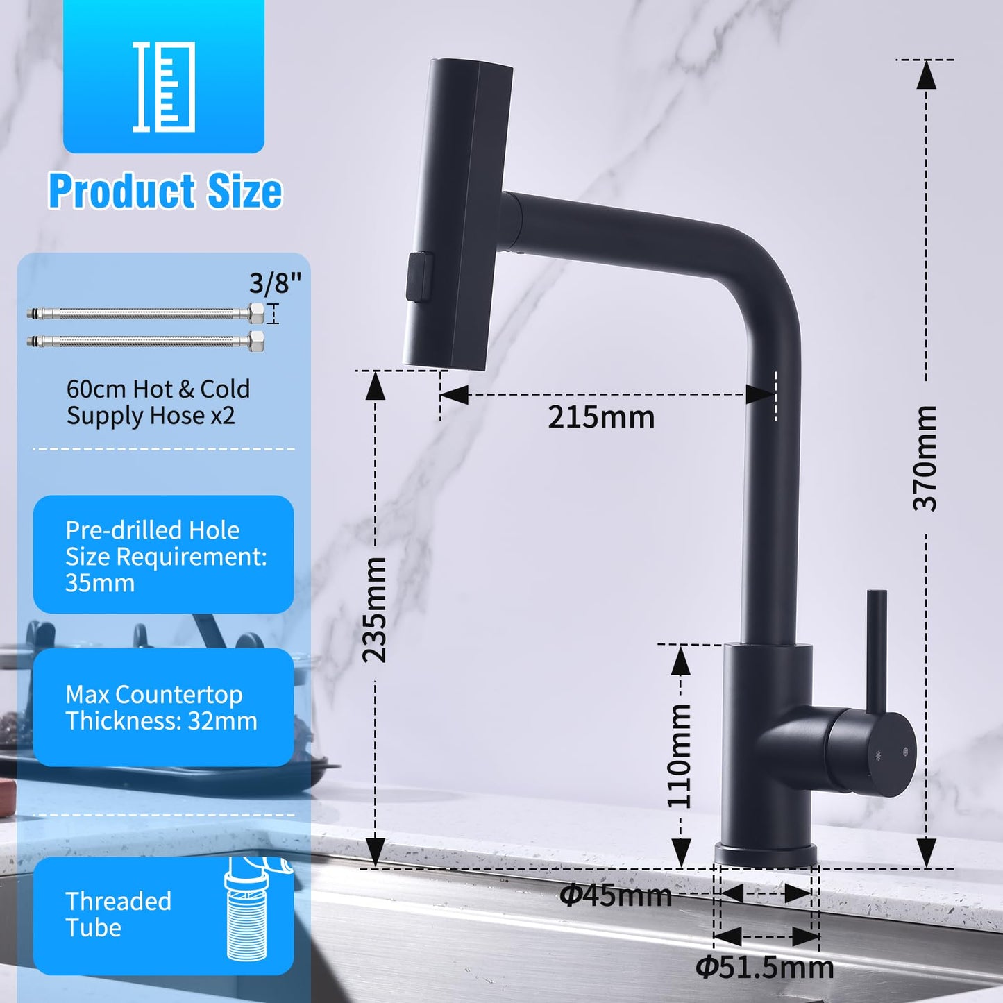 HOMELODY Black Kitchen Faucet, Pull Down Kitchen Faucet with 3 Spray Modes, Sink Faucet with Sprayer, Kitchen Faucet 360° Rotatable, Stainless Steel Mixer Tap.
