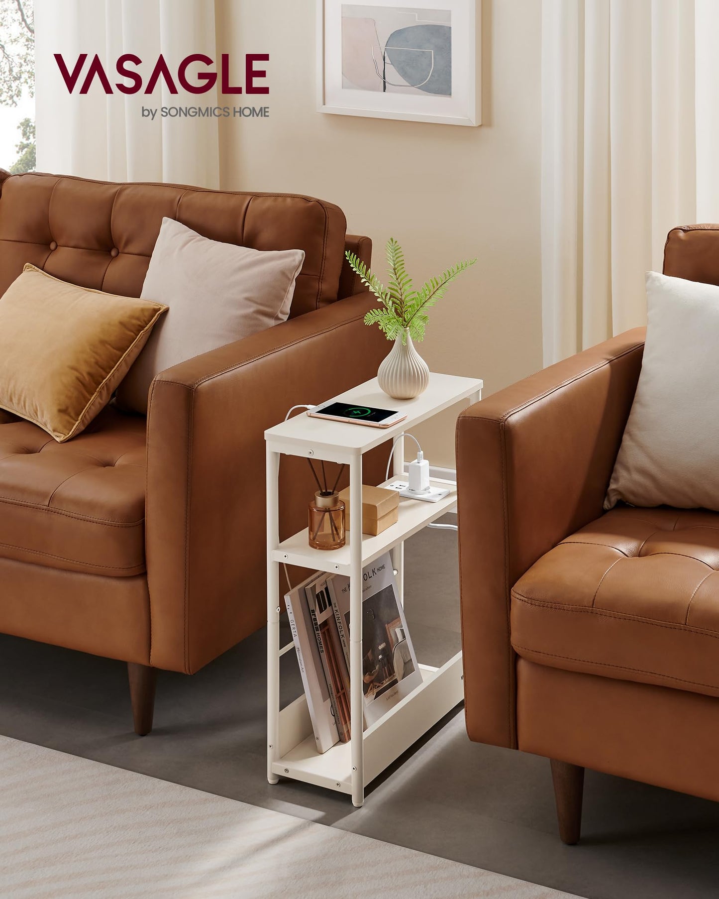 VASAGLE narrow side table with charging function, small coffee table with 3 shelves, magazine rack, for living room, bedroom, home office, cream white LET335W02