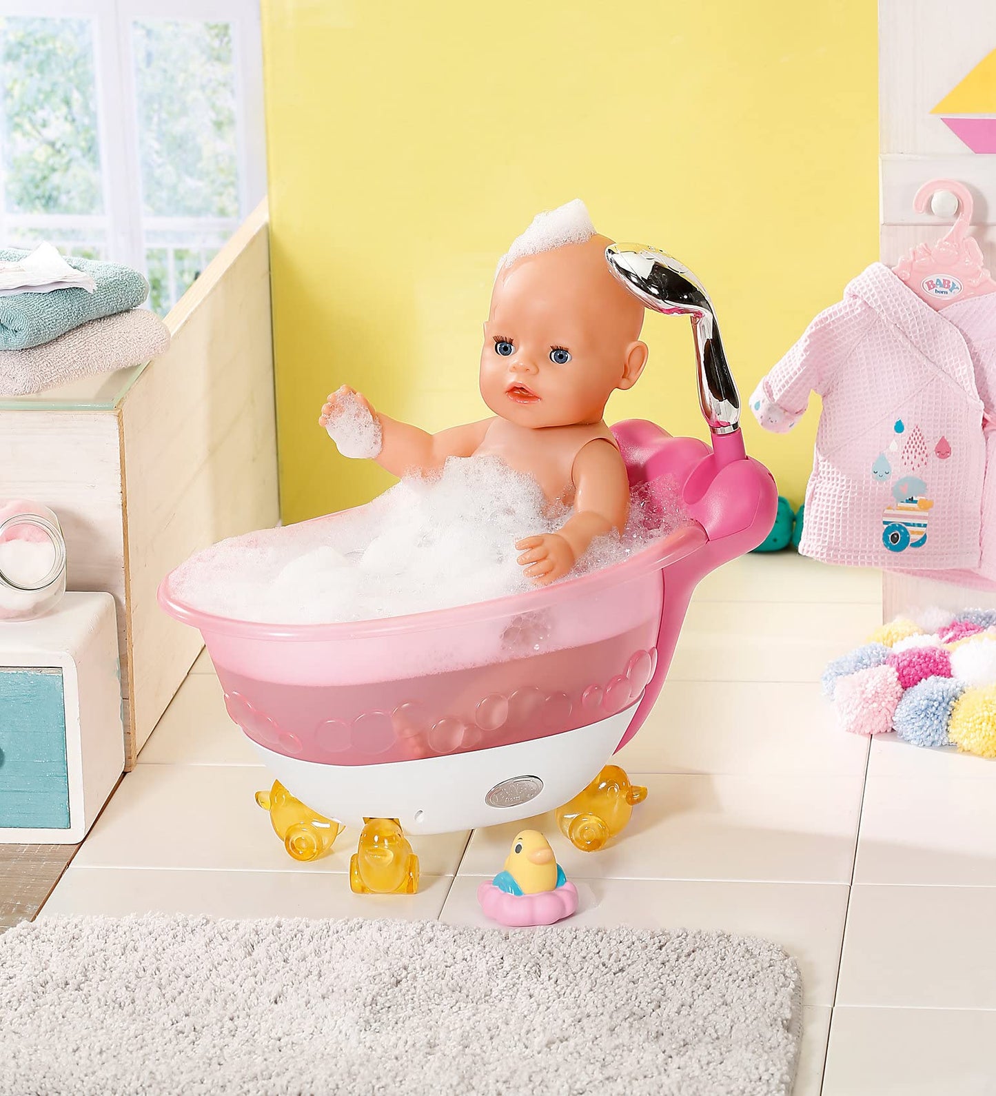 BABY born 831908 Bath Bathtub with light and sound effects, real water, and rubber duck, doll accessory for dolls up to 43 cm, Colorful