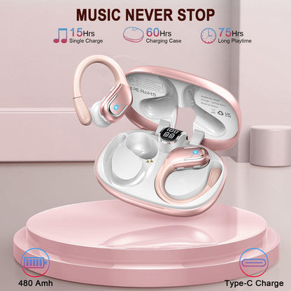 Bluetooth headphones for sports, 75hr wireless headphones with Bluetooth 5.3 and 3D stereo bass, 4 ENC mics for noise cancelling, LED display, IP7 waterproof, USB-C quick charge, in-ear earbuds