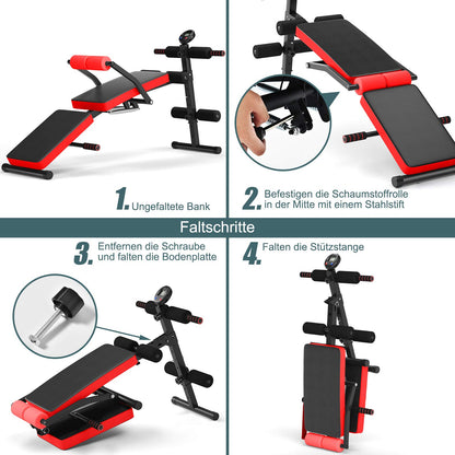 COSTWAY Foldable Sit Up Bench, 5 levels adjustable training bench with monitor, incline bench, home trainer up to 150kg load capacity for sit-ups and leg lifts (Red)