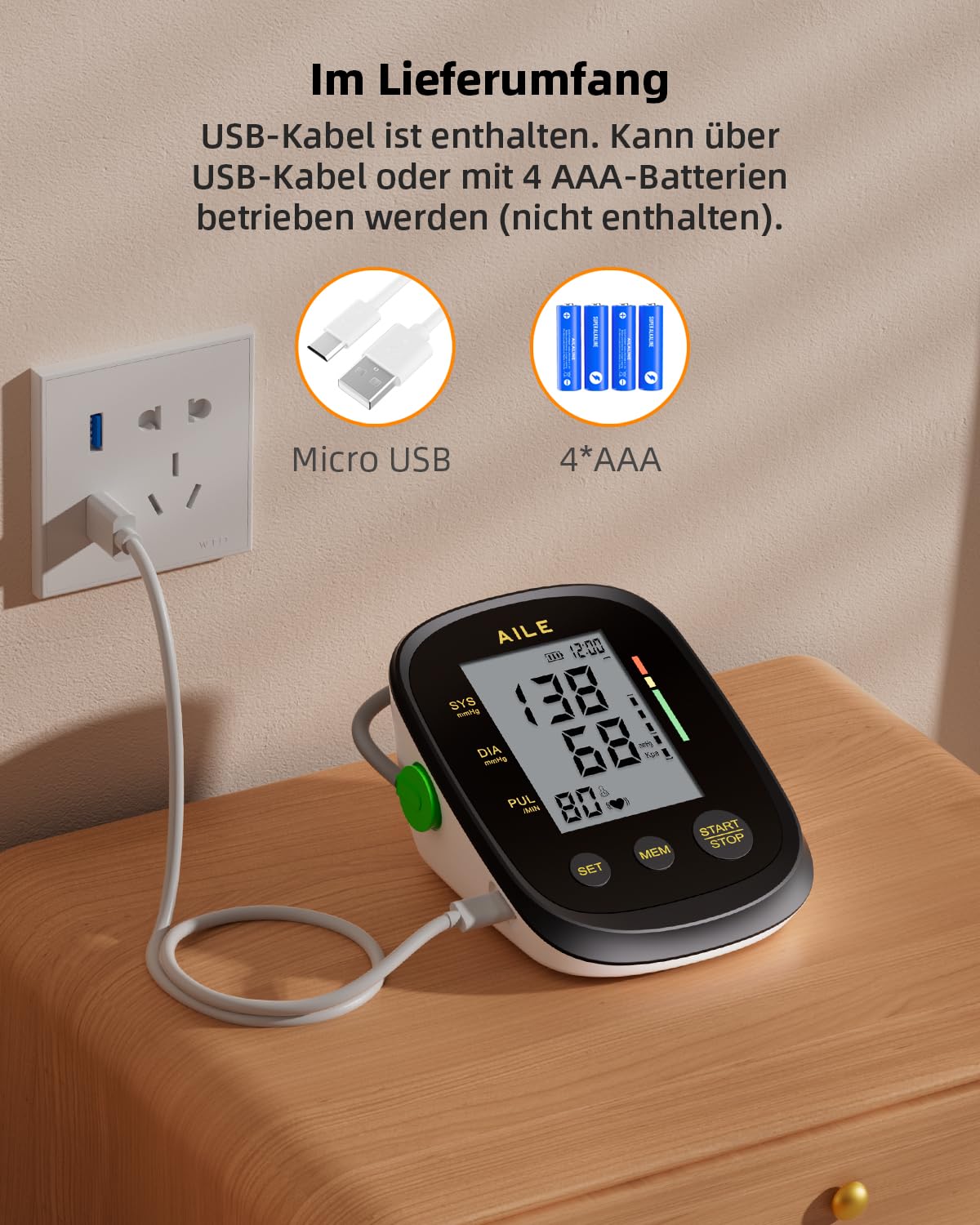 AILE home use blood pressure monitor, upper arm blood pressure monitor, fully automatic, with large cuff (22-42cm), 2 * 99 memory, easy to use