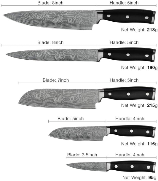 HUIKAILI Knife Set, Professional Stainless Steel Kitchen Knife Set, Sharp, Non-Slip, Frosted Handle, with Chef's Knife, Knife Sharpener, 2 Santoku Knives, and Paring Knife