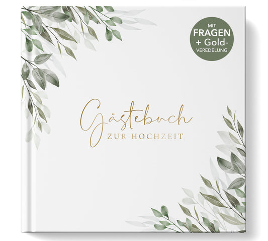 "Love and Air guestbook for wedding with fill-in questions, Vintage, gold foil accents, Hardcover - Eucalyptus"
