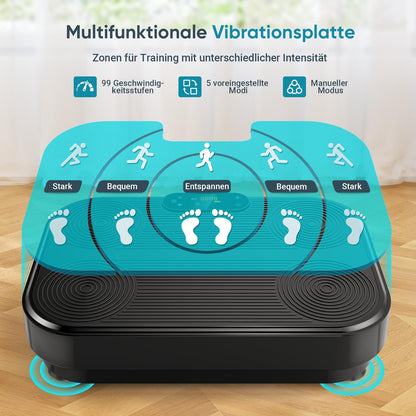 The THERUN vibration plate is a home sports vibrating plate with 1-99 different vibration intensities. It is perfect for muscle building, fat loss, and full body training. Comes with 4 fitness bands in black.