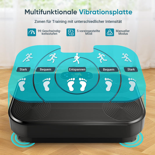 The THERUN vibration plate is a home sports vibrating plate with 1-99 different vibration intensities. It is perfect for muscle building, fat loss, and full body training. Comes with 4 fitness bands in black.