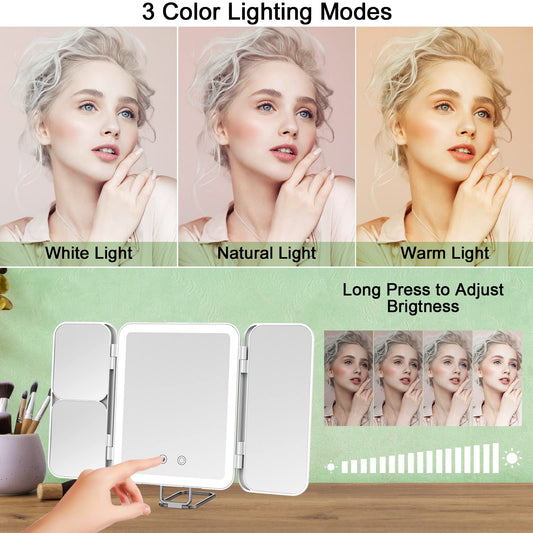 JIMACRO Cosmetic Mirror with LED Light, Portable USB Rechargeable Makeup Mirror, Table Mirror with 3X/7X Magnification, Steplessly Dimmable Makeup Mirror with 3 Adjustable Light Colors.