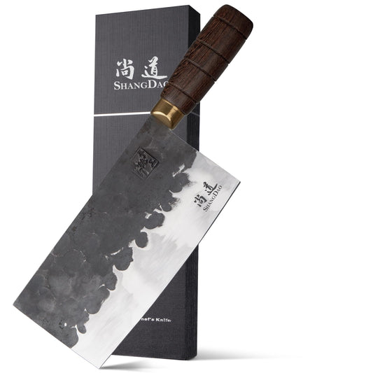 SHANGDAO cleaver, 19 cm high-performance razor-sharp butcher cleaver kitchen knife, cleaver made of carbon steel, forged blade and wooden handle